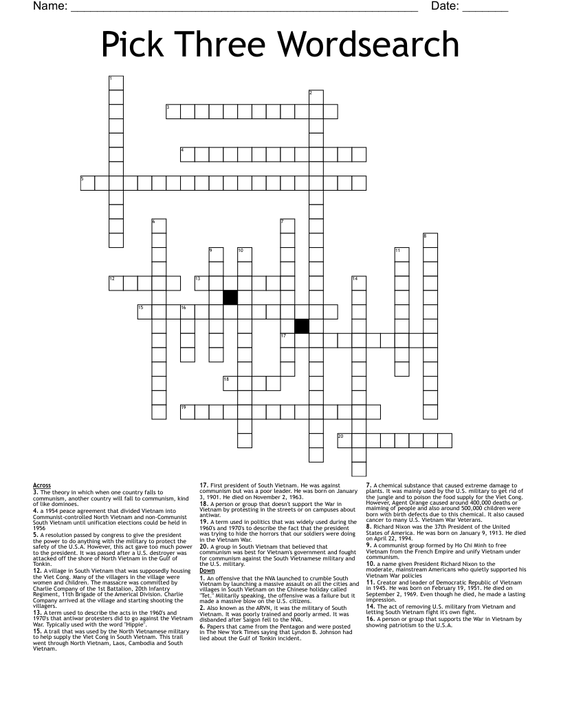 Pick Three Wordsearch Crossword WordMint