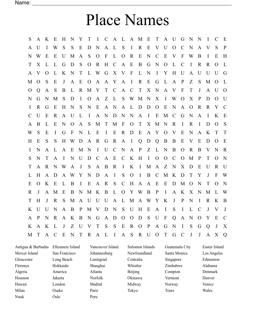 Place Names Word Search - WordMint