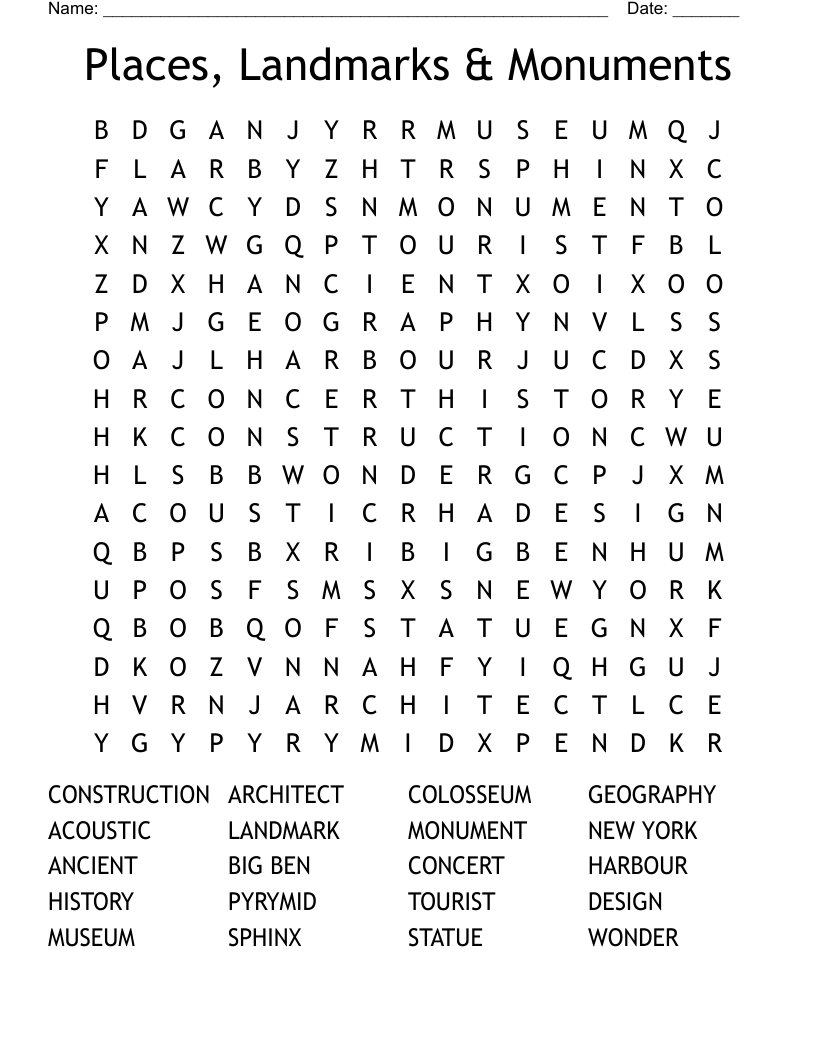 Places, Landmarks & Monuments Word Search WordMint