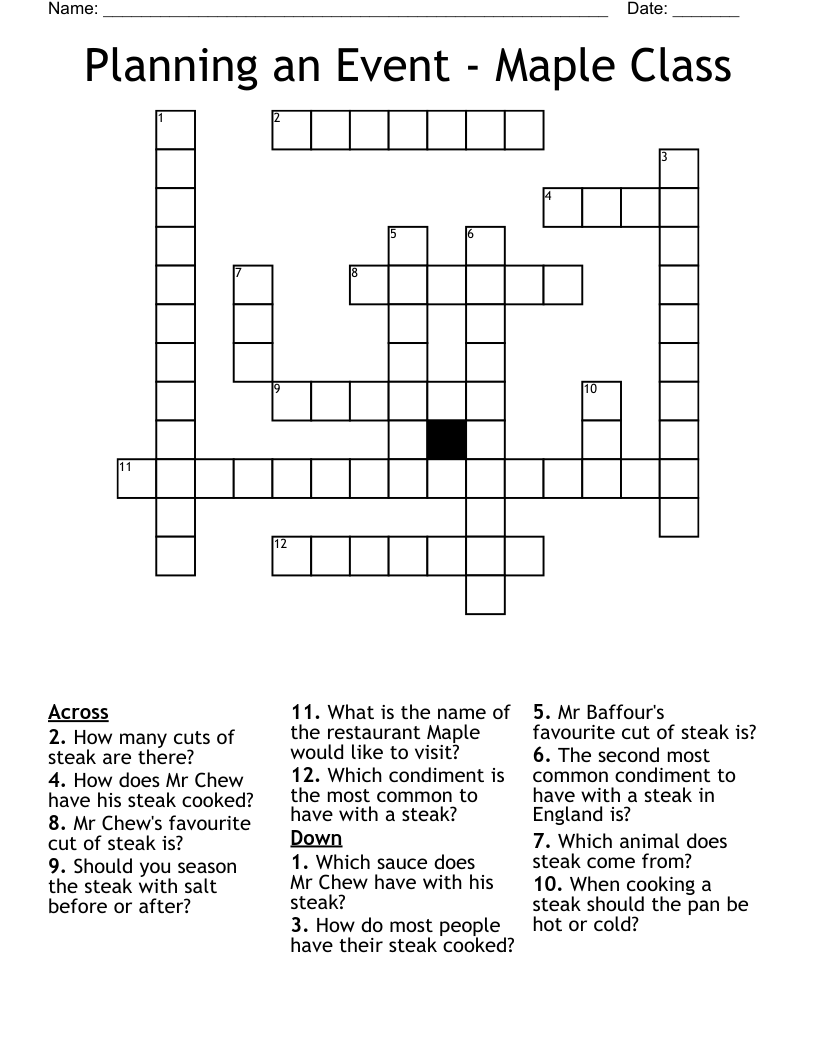 Planning an Event Maple Class Crossword WordMint