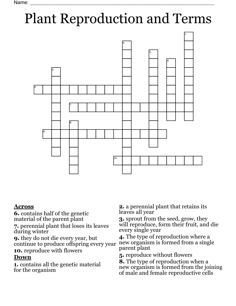 Plant Reproduction and Terms Crossword WordMint