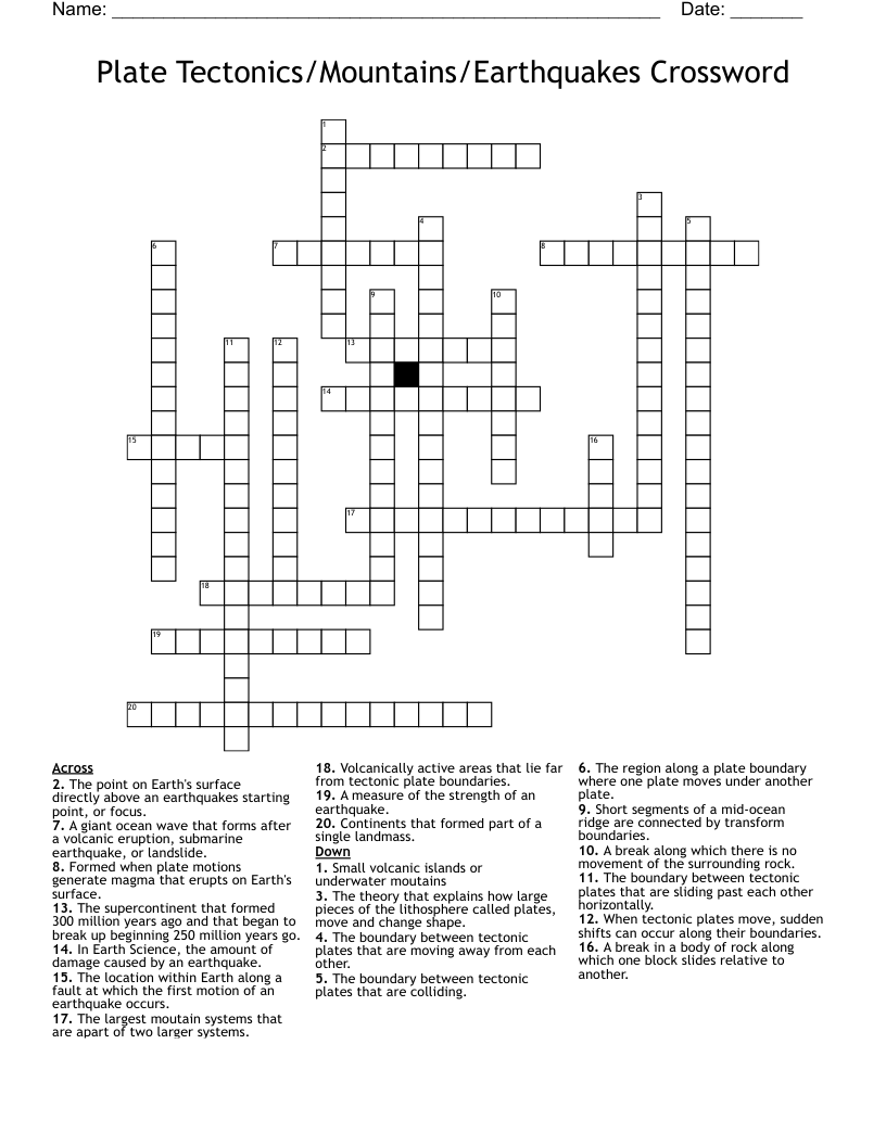 Plate Tectonics/Mountains/Earthquakes Crossword WordMint