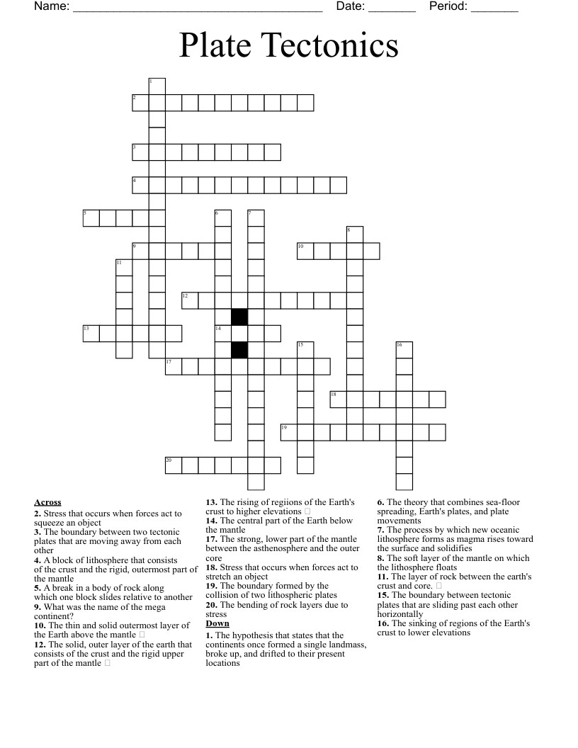 Plate Tectonics Crossword Puzzle(Answer Key) WordMint