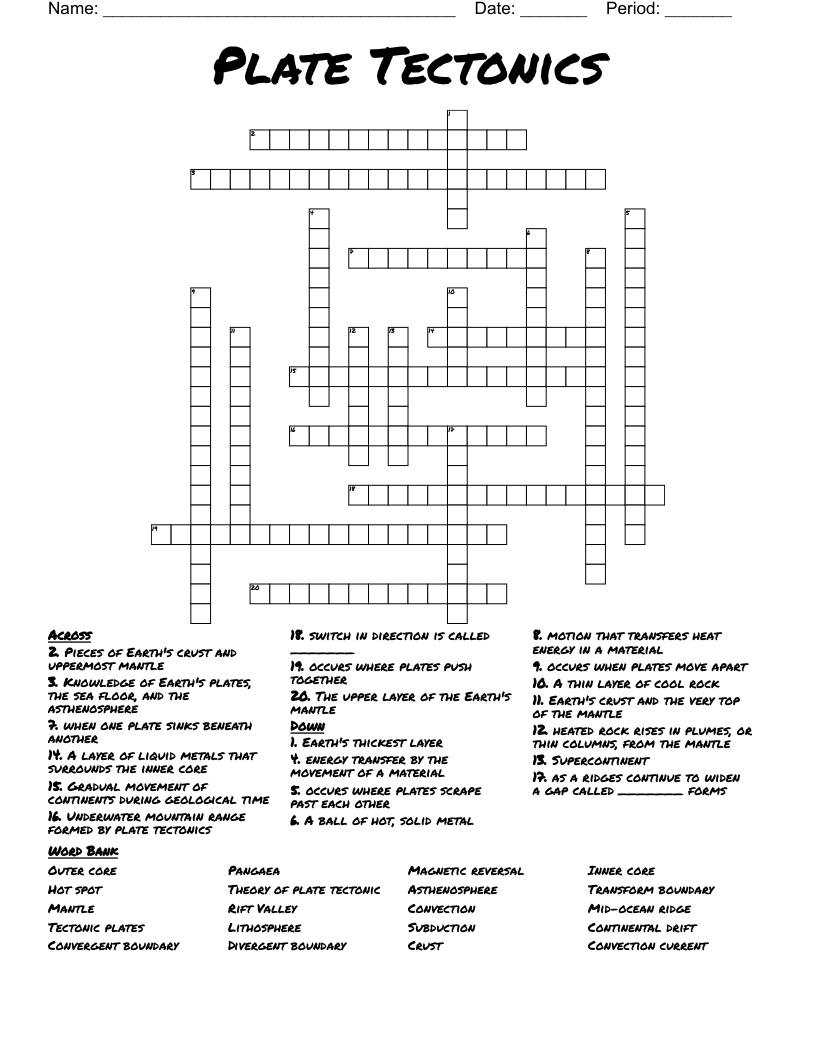 Plate Tectonics Crossword Puzzle WordMint