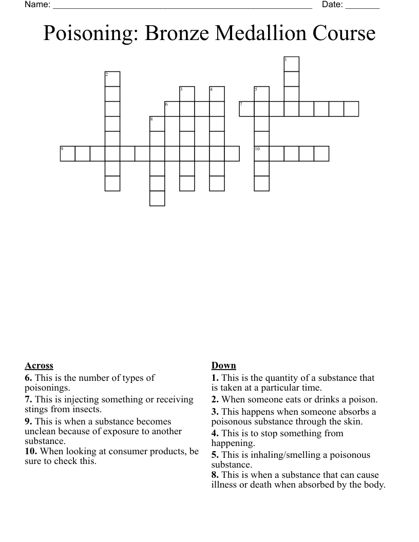 Poisoning Bronze Medallion Course Crossword WordMint