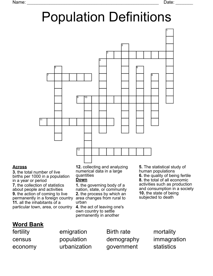Population Definitions Crossword WordMint