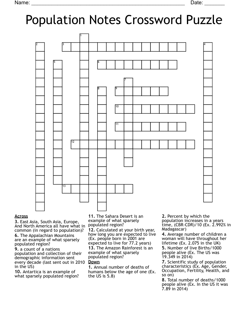 Population Notes Crossword Puzzle WordMint