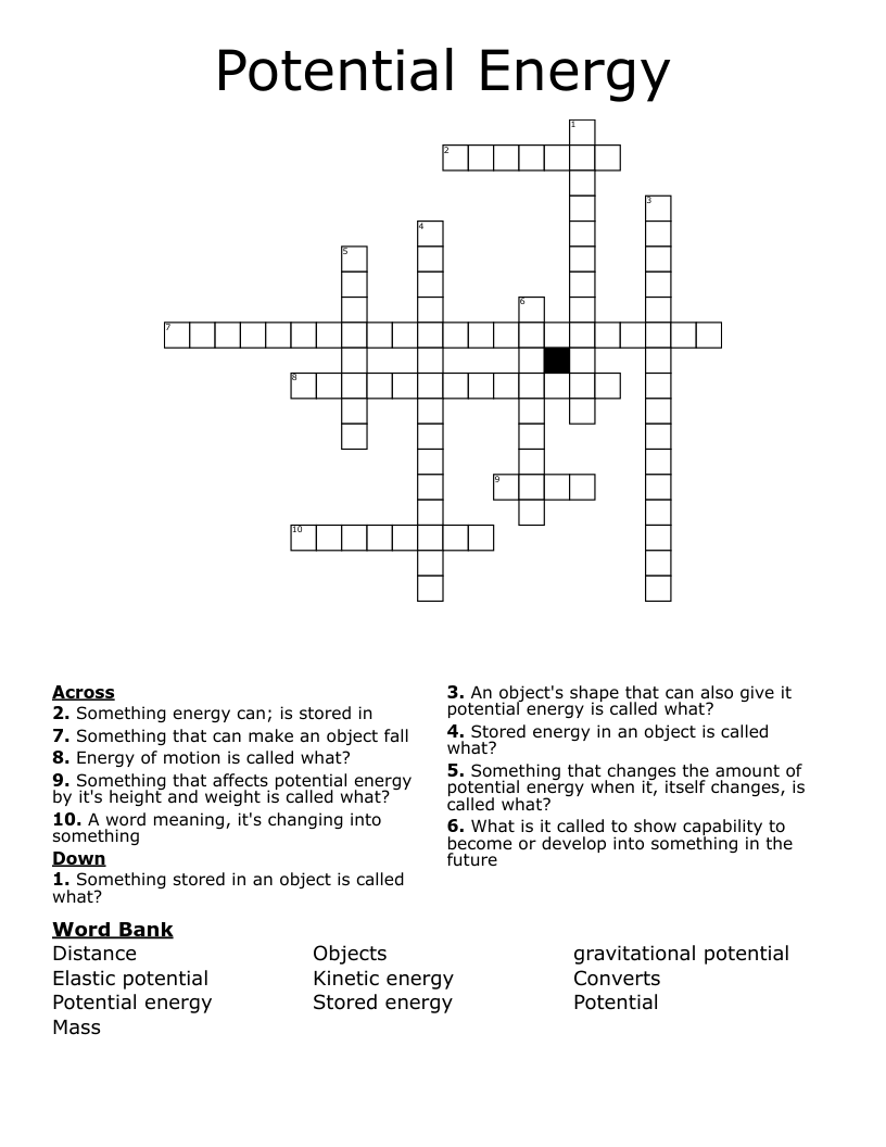 Potential Energy Crossword - WordMint