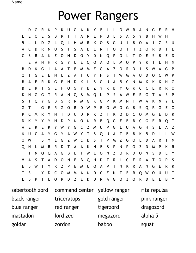 Power Rangers Crossword Word Search WordMint