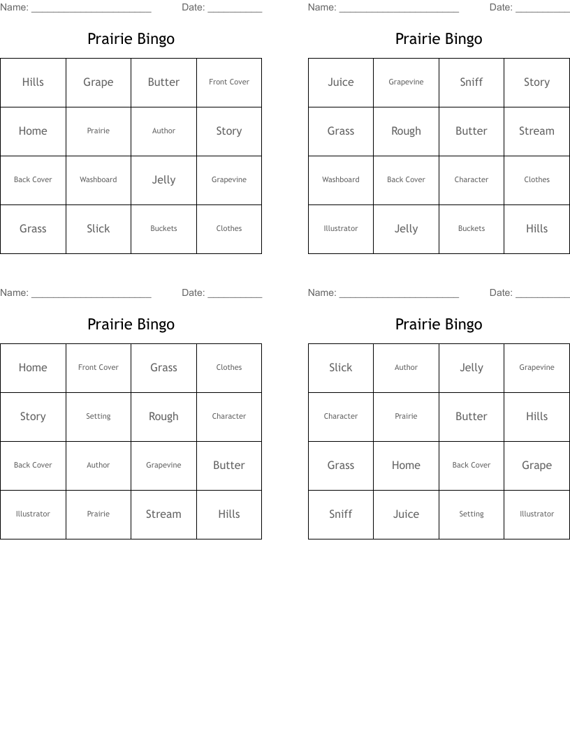 Prairie Bingo WordMint