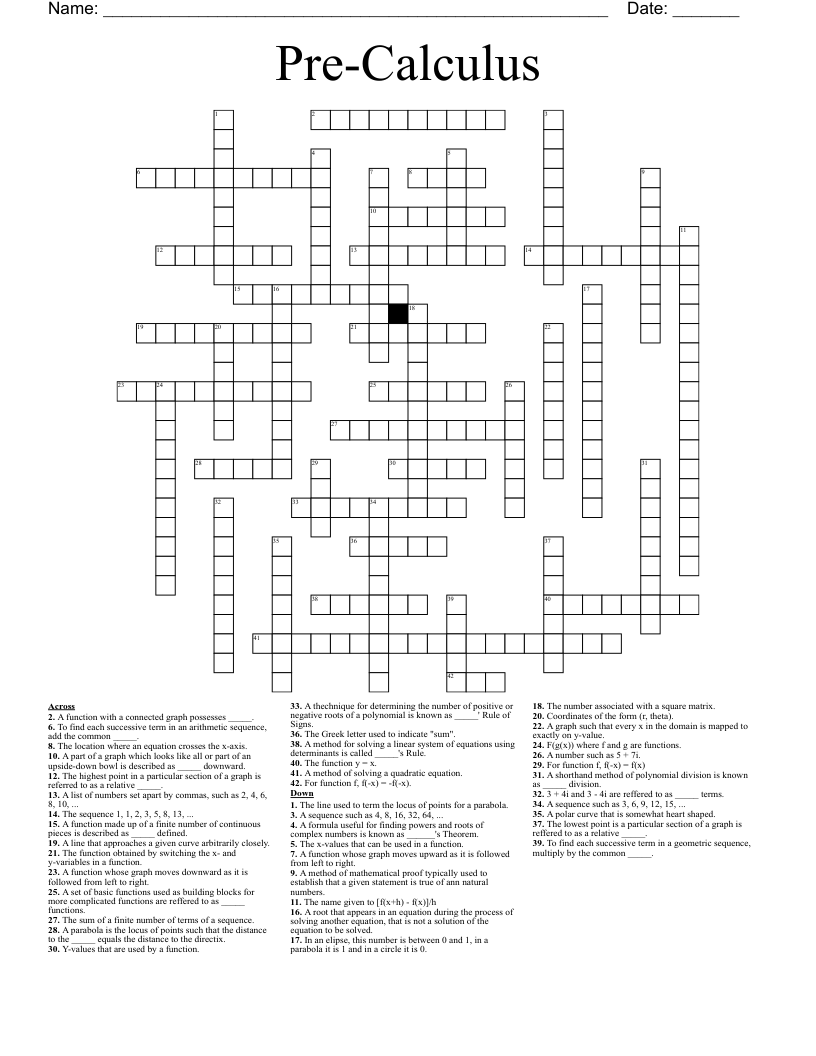 PreCalculus Crossword WordMint