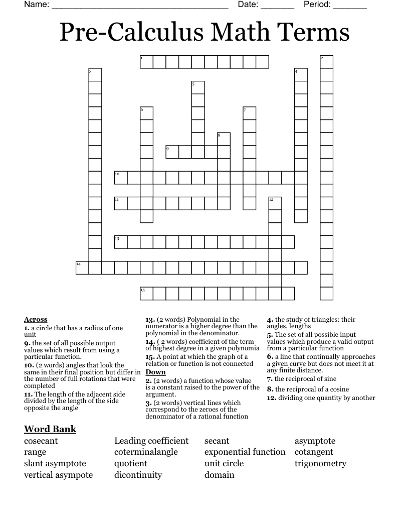 PreCalculus Math Terms Crossword WordMint