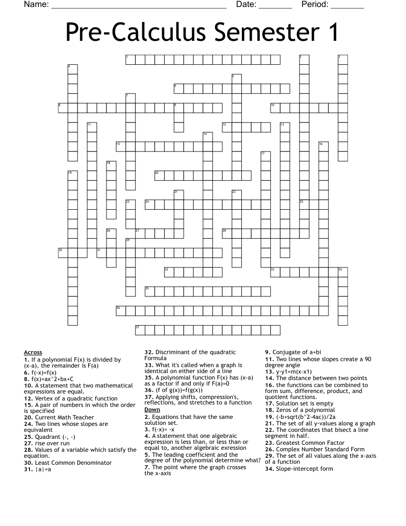 PreCalculus Semester 1 Crossword WordMint
