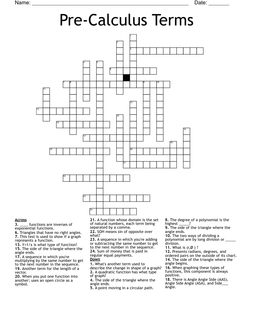 PreCalculus Terms Crossword WordMint