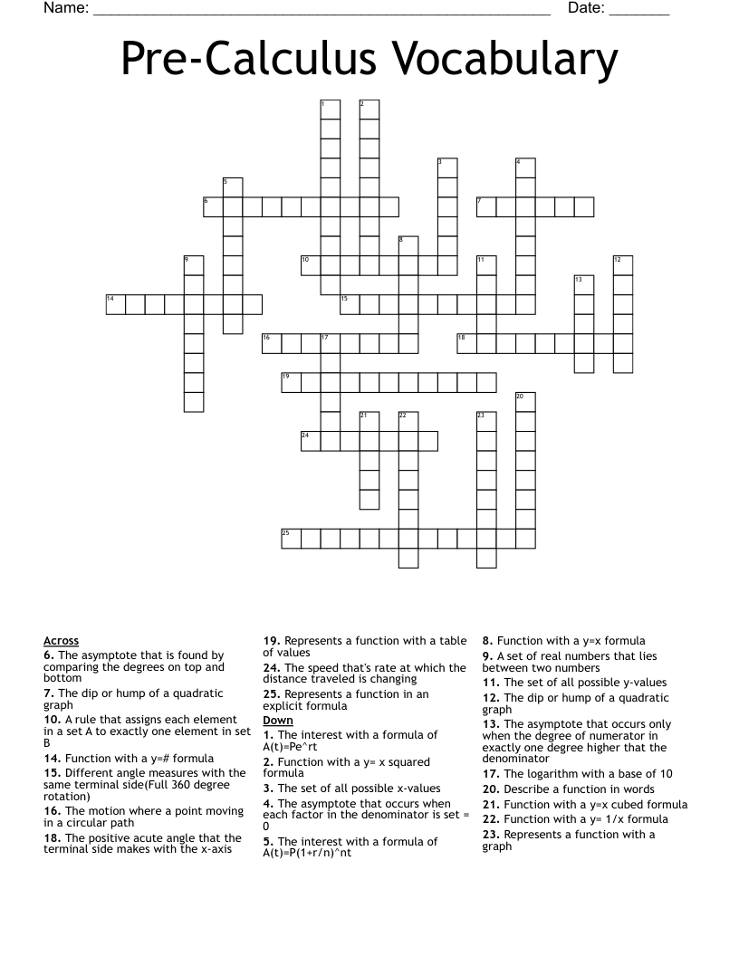 PreCalculus Vocabulary Crossword WordMint