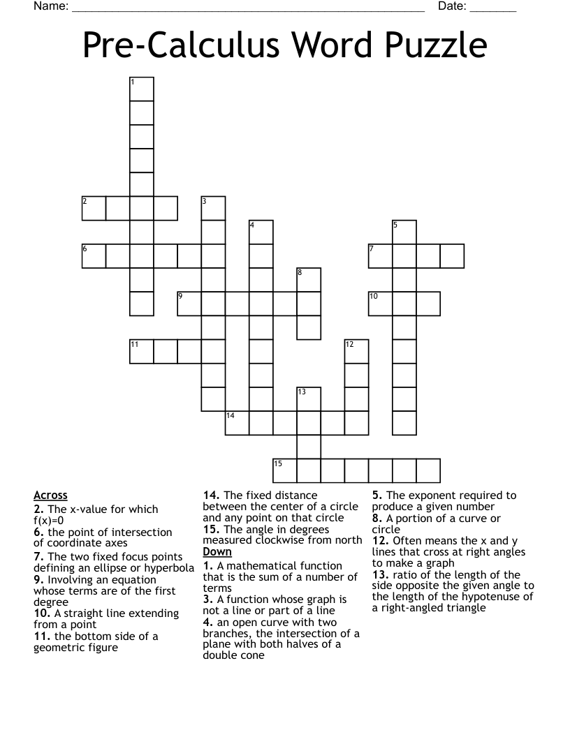 PreCalculus Word Puzzle Crossword WordMint