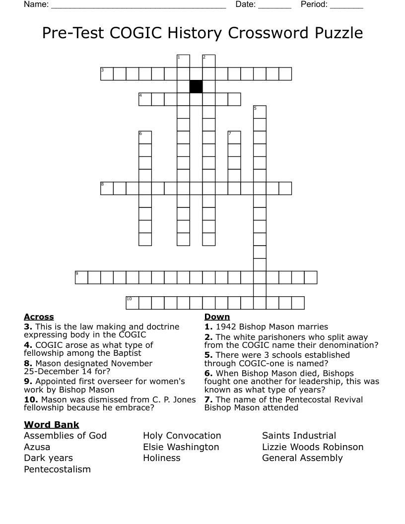 PreTest COGIC History Crossword Puzzle WordMint