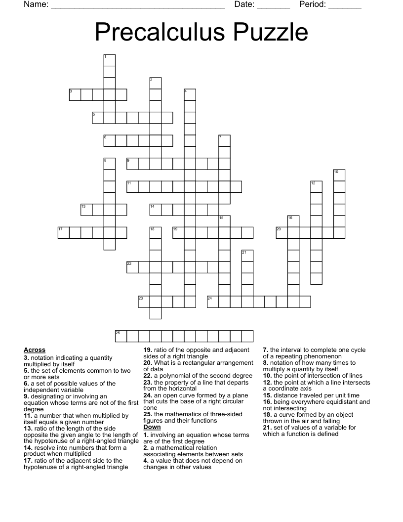 Precalculus Puzzle Crossword WordMint
