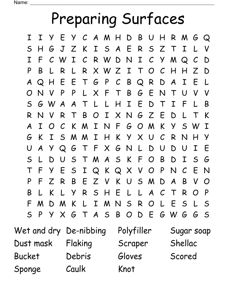 Preparing Surfaces Word Search WordMint
