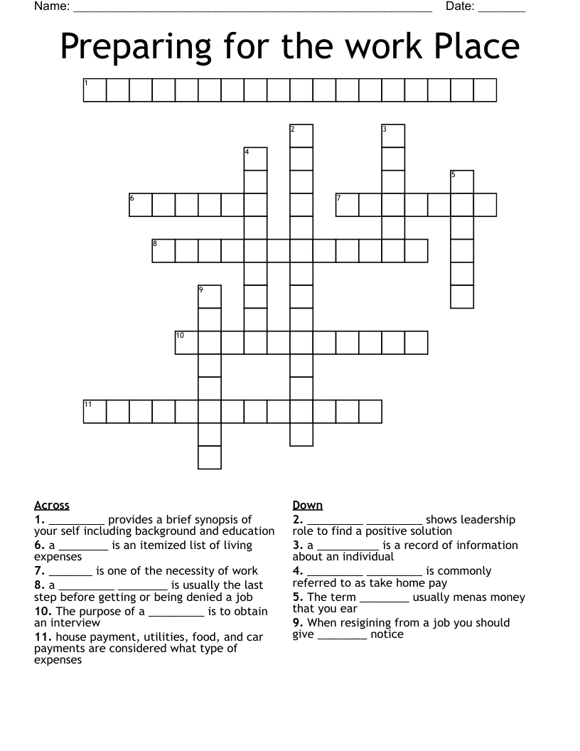 Preparing for the work Place Crossword WordMint