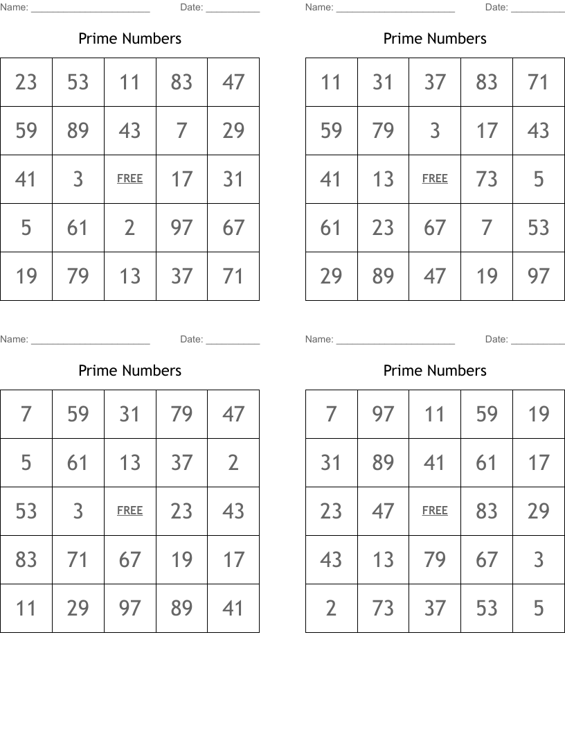 Prime Numbers Bingo Cards WordMint