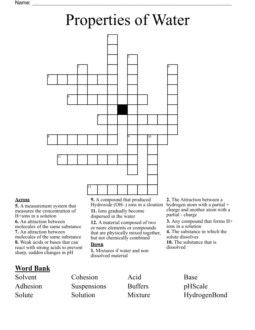 Properties of Water Crossword - WordMint