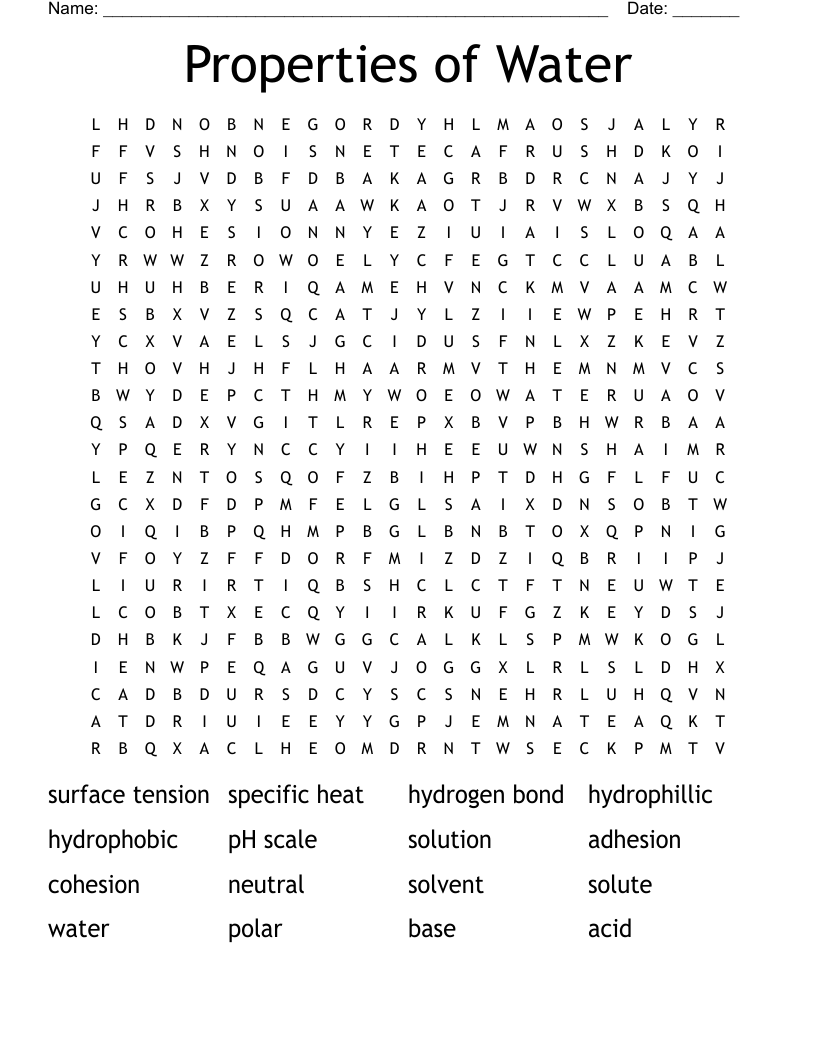 Properties of Water Word Search - WordMint