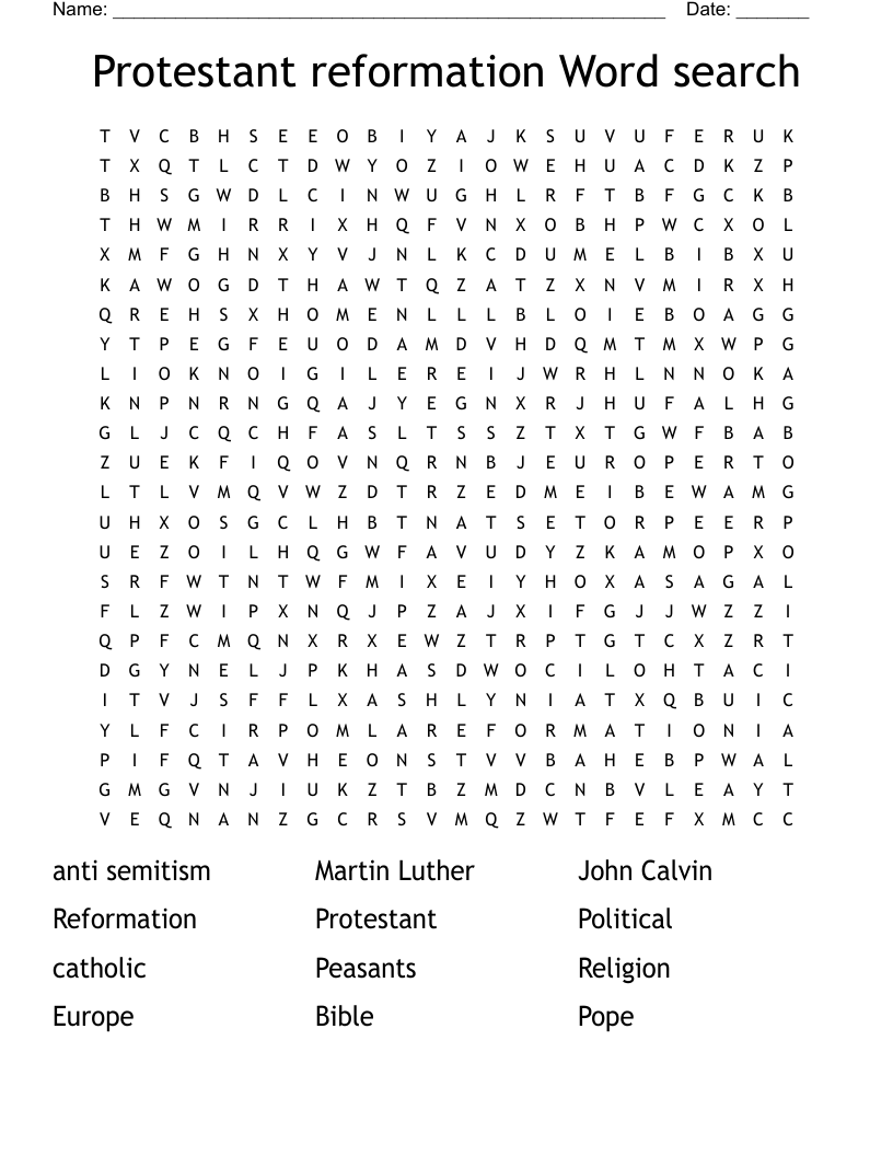 Protestant reformation Word search WordMint