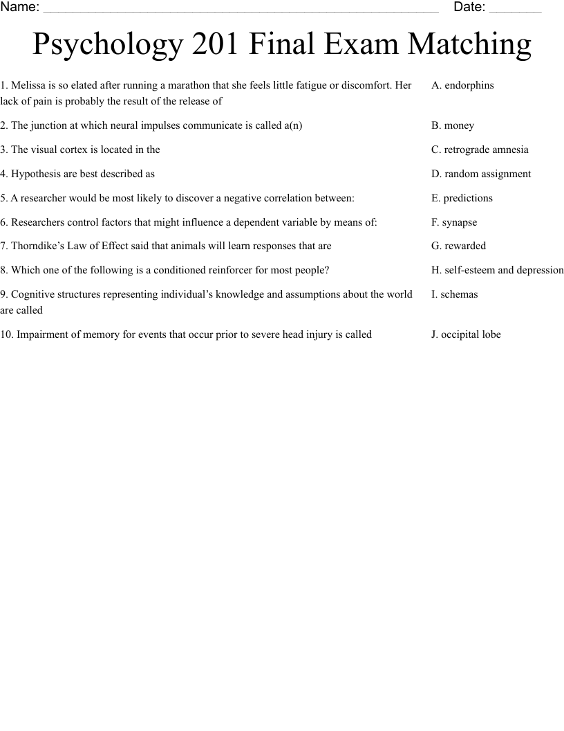 Psychology 201 Final Exam Matching Worksheet WordMint