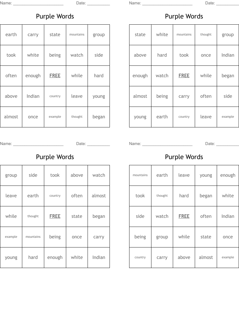 Purple Words Bingo Cards WordMint