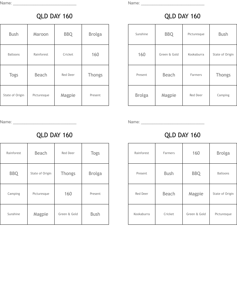 QLD DAY 160 Bingo Cards WordMint