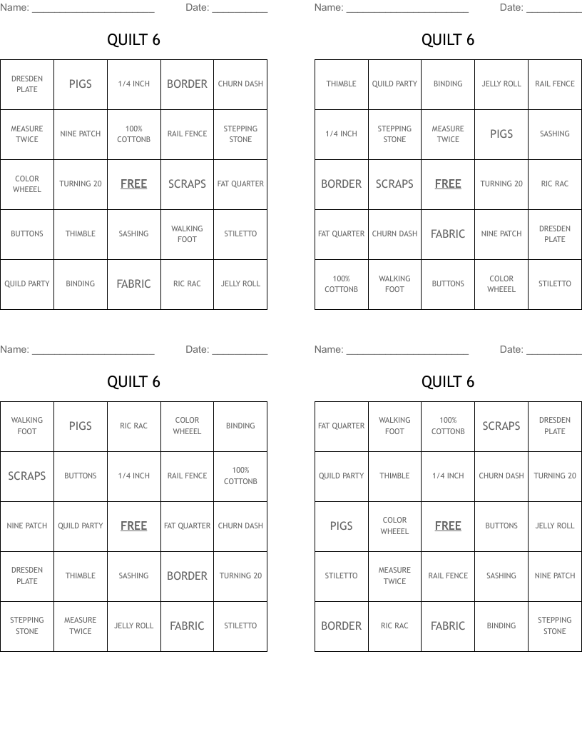 QUILT 6 Bingo Cards WordMint