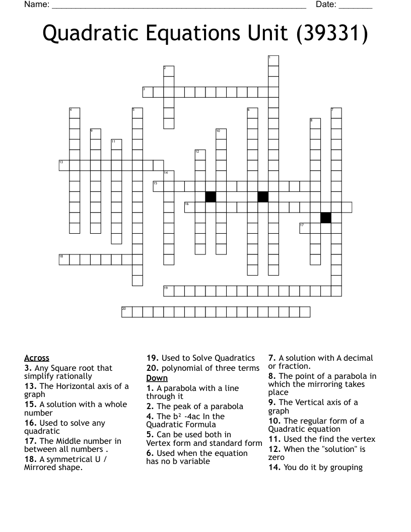 Quadratic Equations Unit (39331) Crossword WordMint