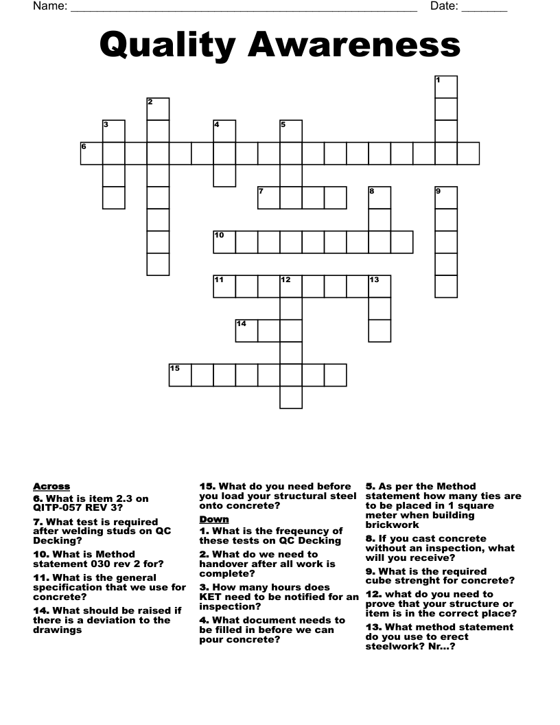 Quality Awareness Crossword WordMint