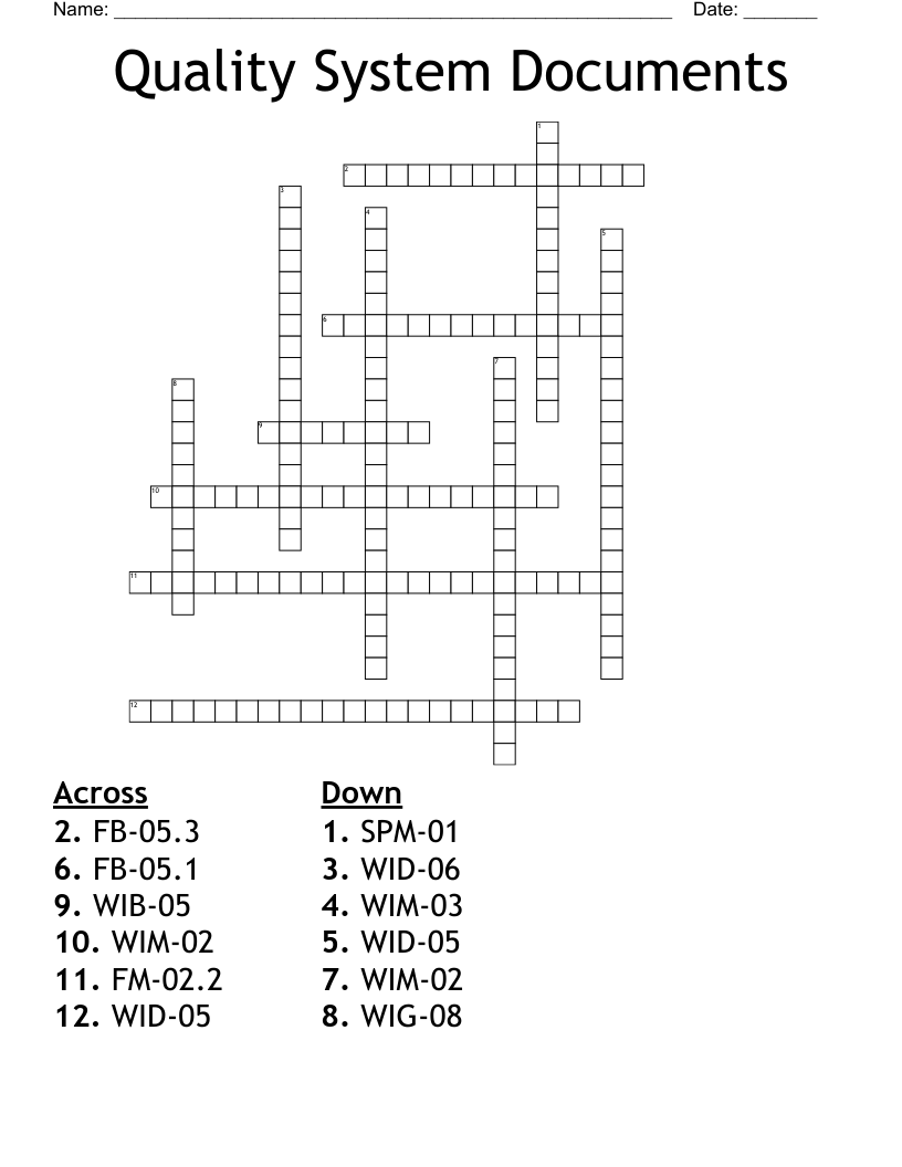 Quality System Documents Crossword WordMint