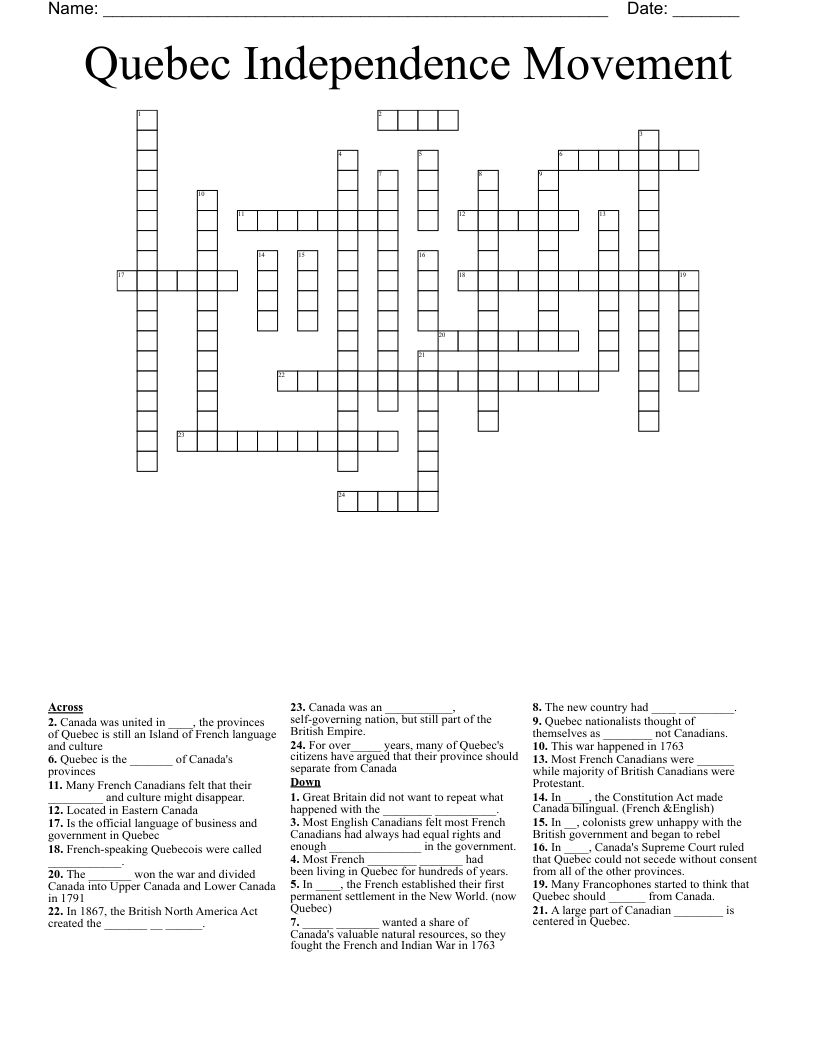 Quebec Independence Movement Crossword WordMint