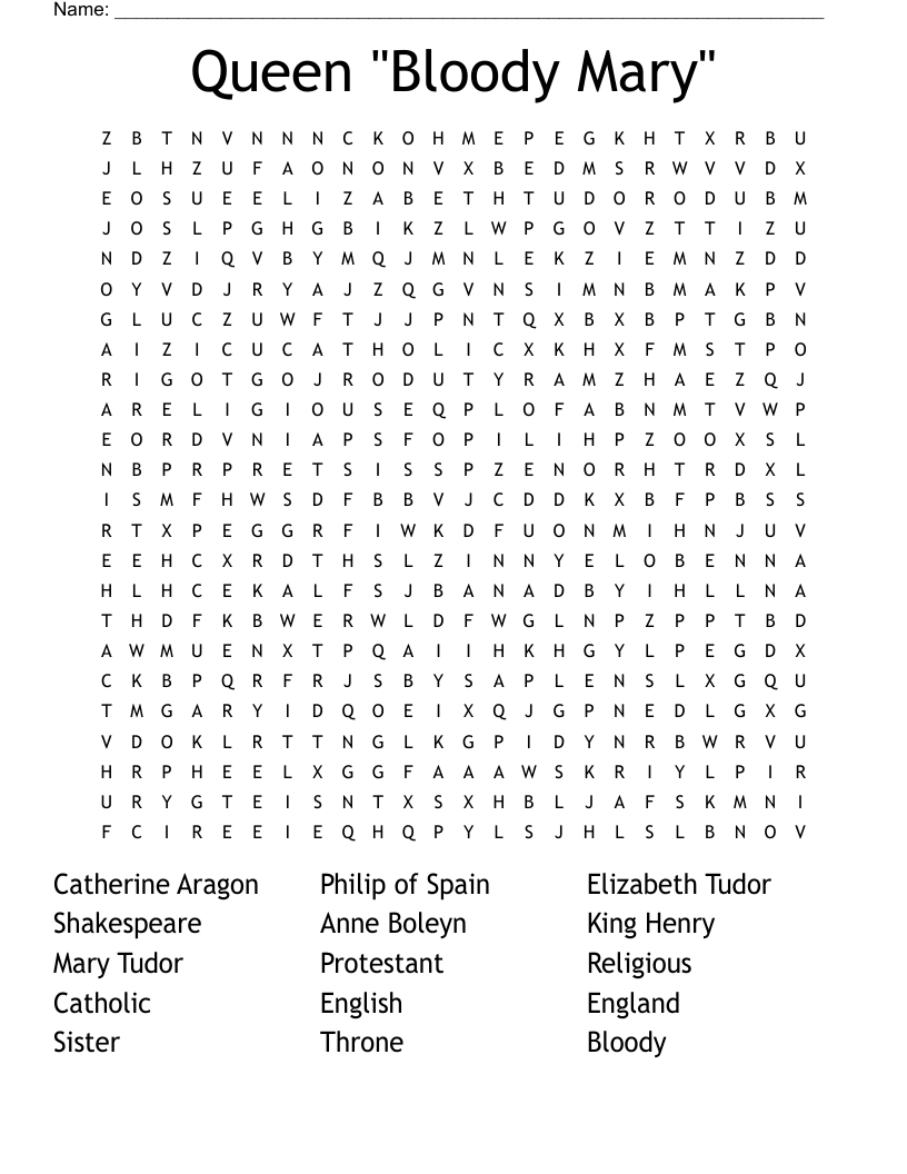 Queen "Bloody Mary" Word Search WordMint