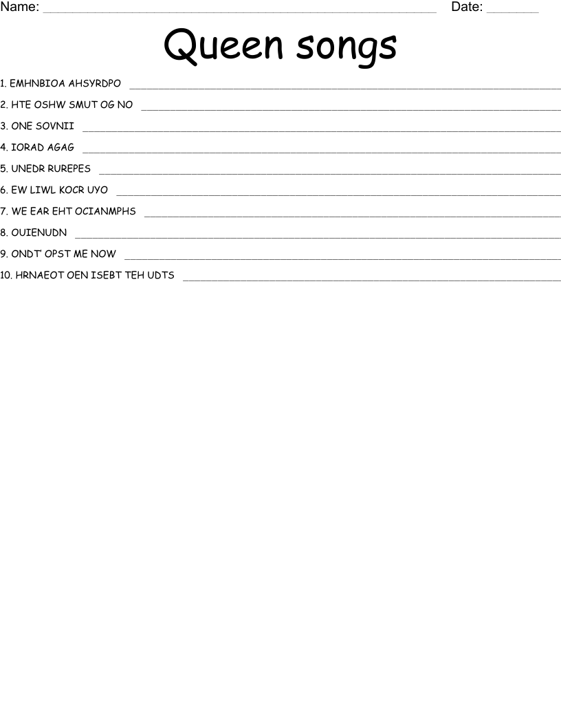 Queen Songs Word Search WordMint