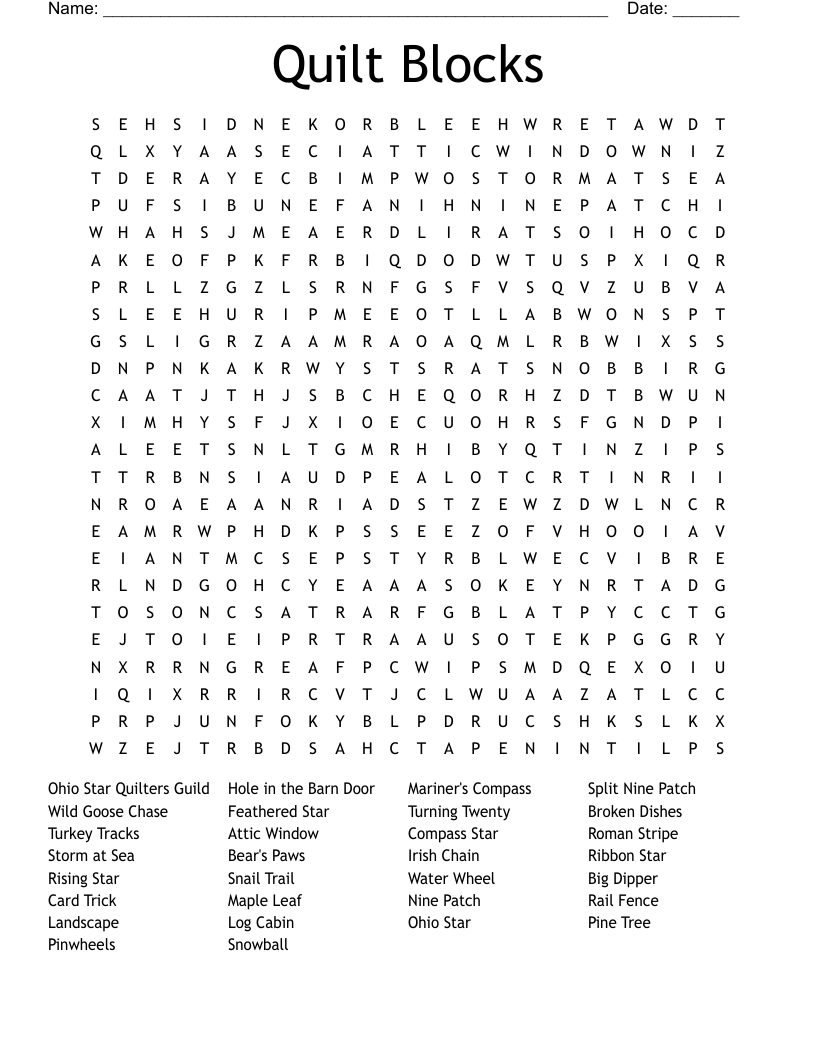 Quilt Blocks Word Search WordMint