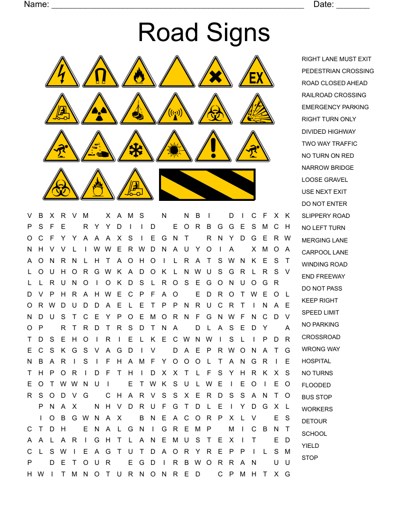 Road Signs Word Search