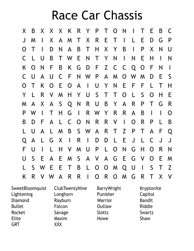 Race Car Chassis Word Search WordMint