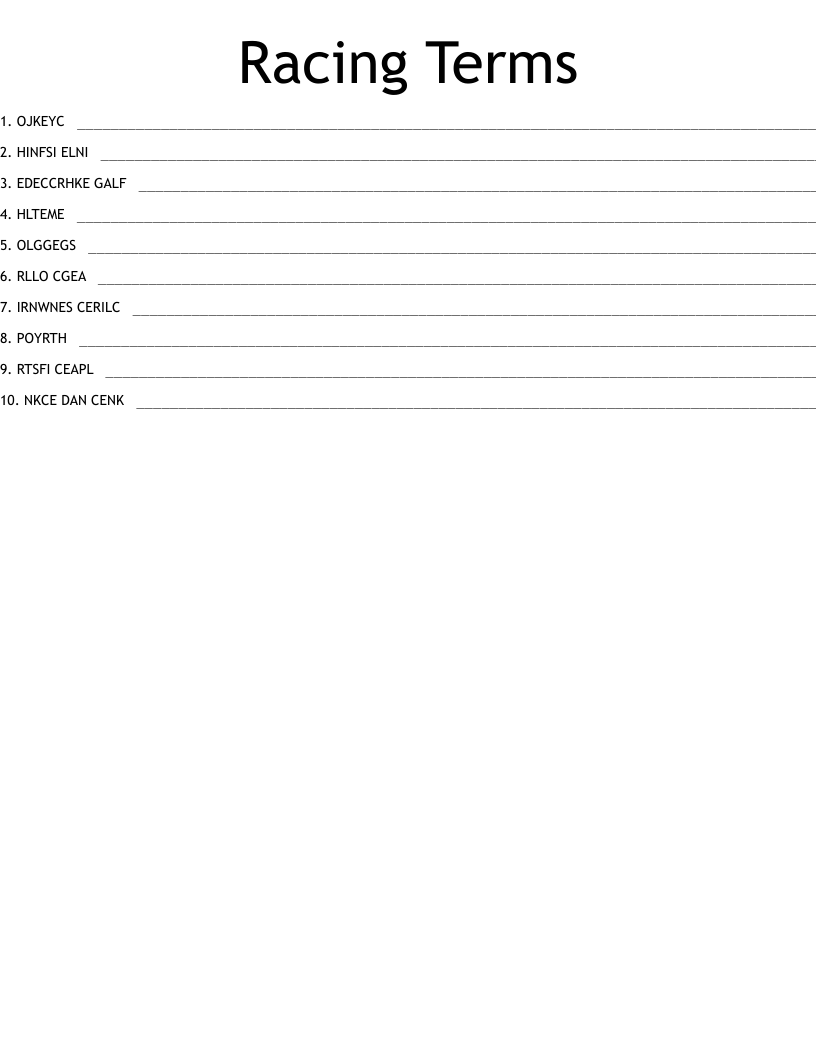 Racing Terms Word Scramble WordMint
