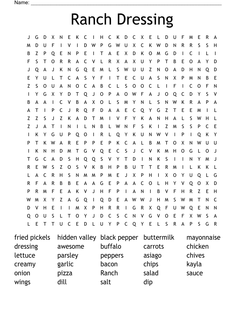 Ranch Dressing Word Search WordMint