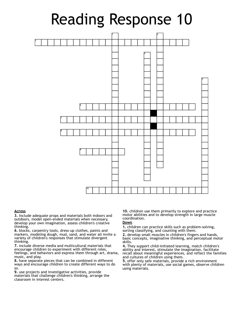Reading Response 10 Crossword WordMint