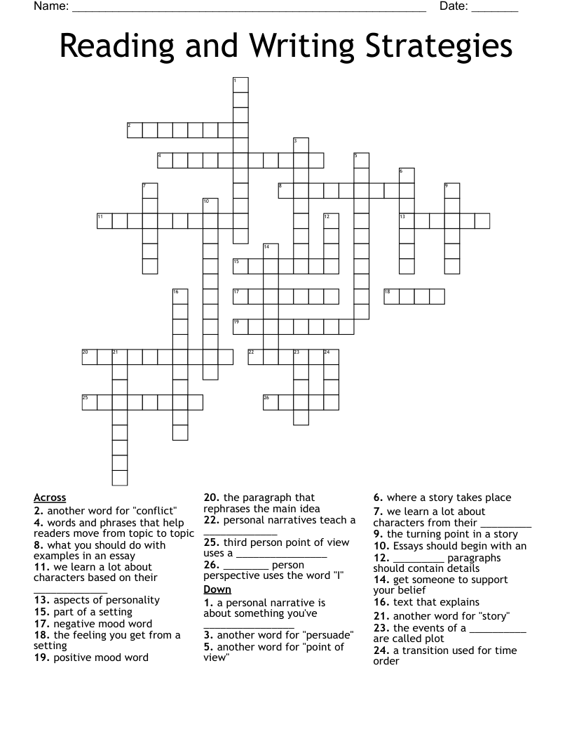Reading and Writing Strategies Crossword WordMint