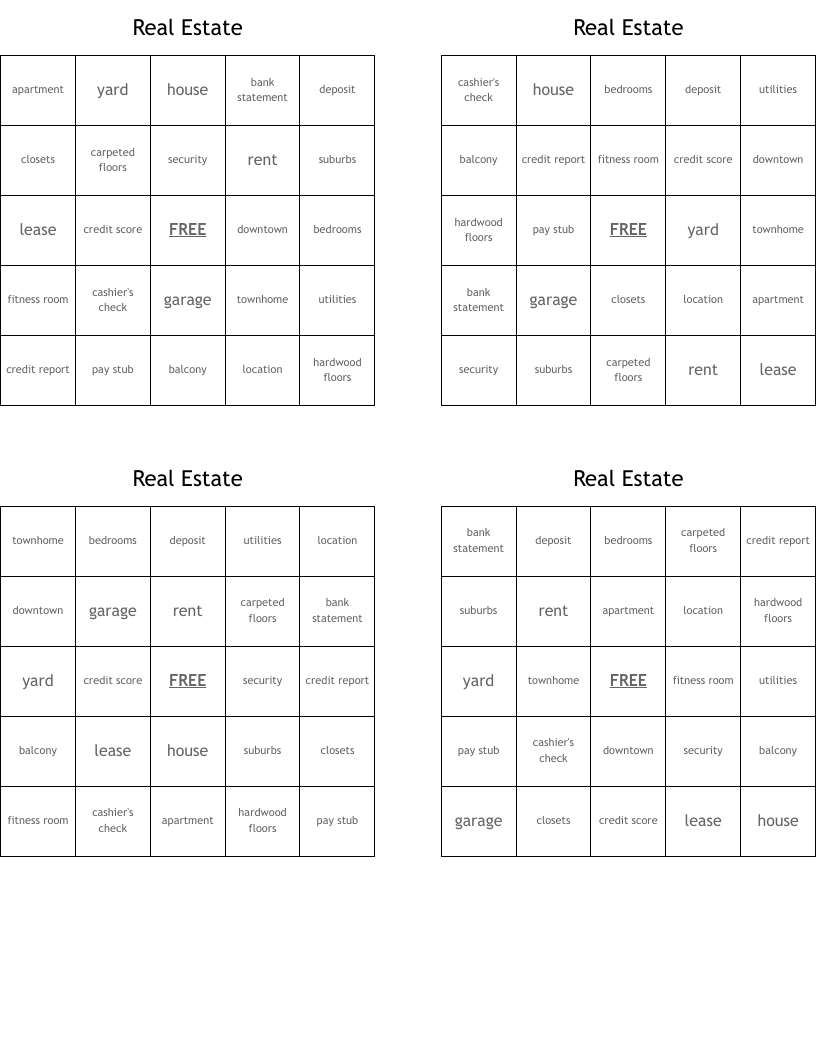 Real Estate Bingo Cards WordMint