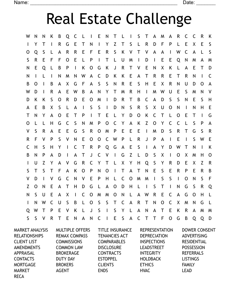 Real Estate Challenge Word Search WordMint