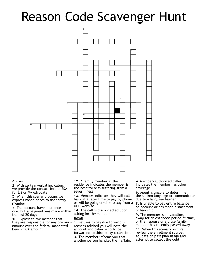 Reason Code Scavenger Hunt Crossword WordMint