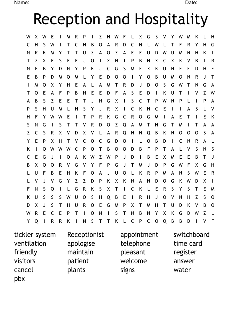 Reception and Hospitality Word Search WordMint