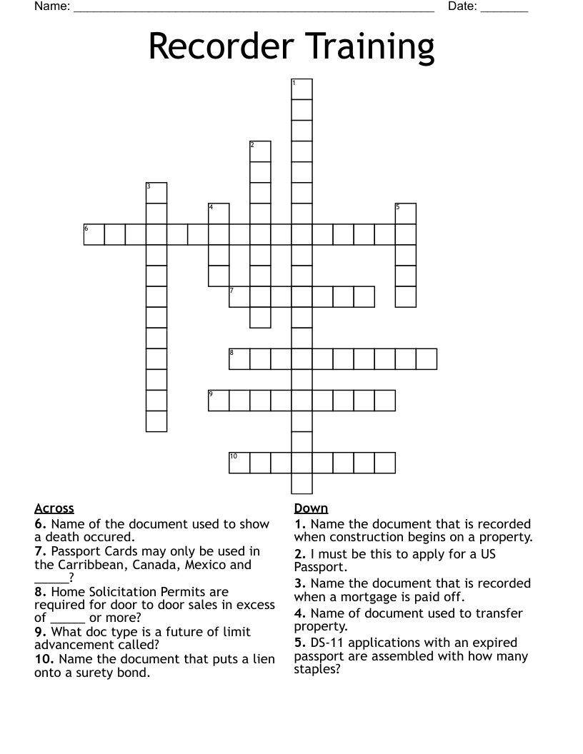 Recorder Training Crossword WordMint